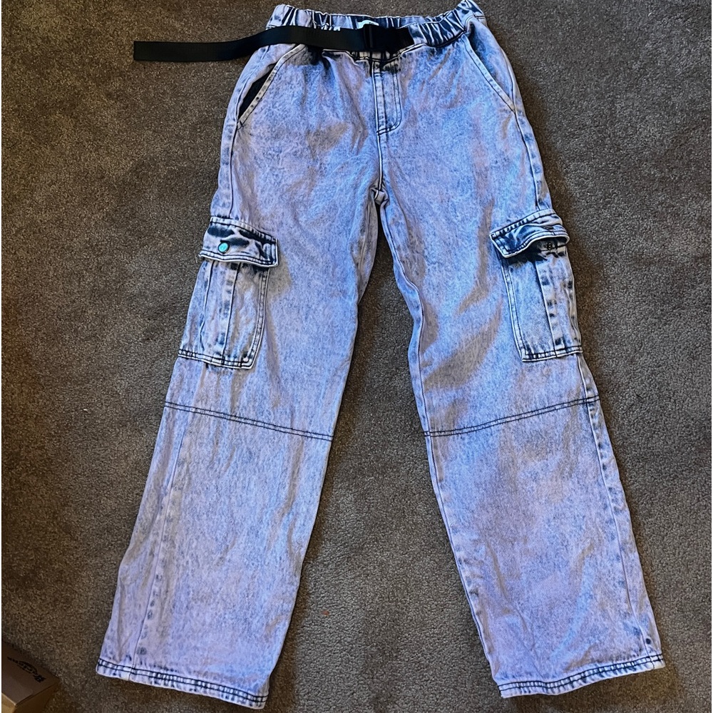 BP purple tie dye acid wash cargo pants with black buckle belt!